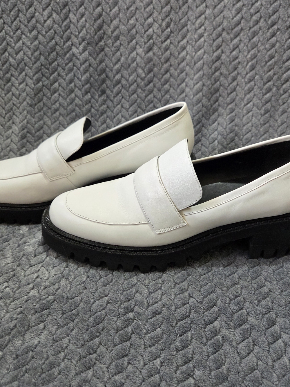 Womens Y2k White Leather Penny Loafers with Chunky Black Lug Sole